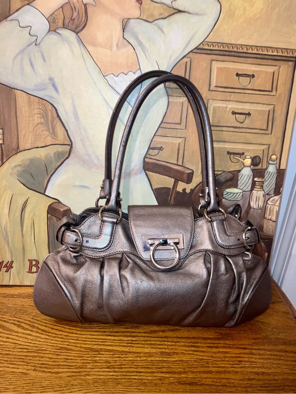 Salvatore Ferragamo Marissa Shoulder  Bag Silver Gancini and Metallic Leather